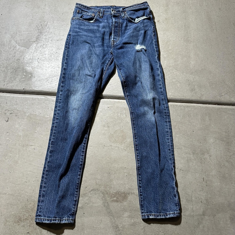 Levis 501 Jeans Mens 31x30 Blue Medium Wash Straight Button Fly Distressed Denim